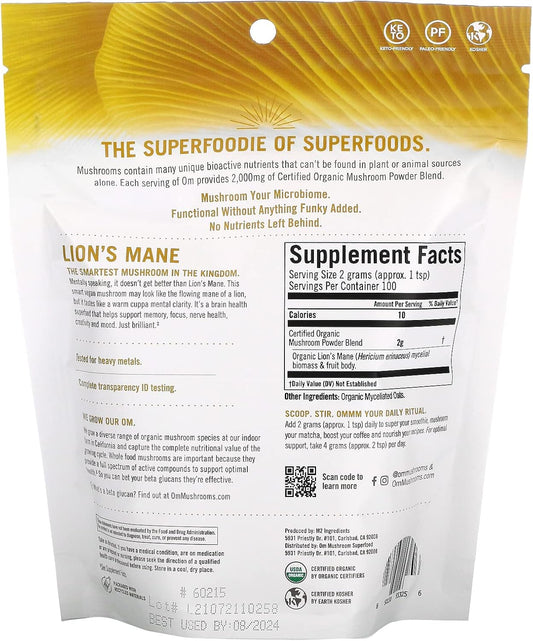 Certified Organic Mushroom Powder, Lion's Mane, 7.0 (200 g), Om Mushrooms