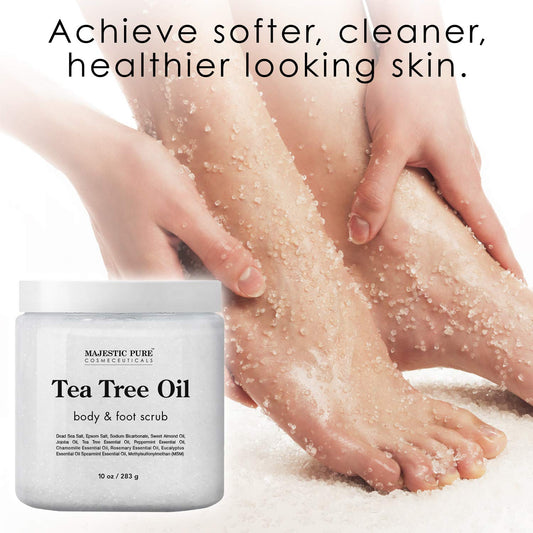 MAJESTIC PURE Tea Tree Oil Body and Foot Scrub - Natural Best Exfoliating Skin Cleanser - Helps with Acne, Callus, Corns, Athletes foot, Jock itch, Dry and Dead Skin - Promotes Healthy Foot -10 oz