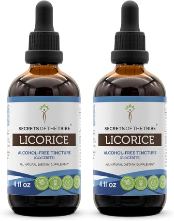 Secrets Of The Tribe Licorice Alcohol-Free Liquid Extract, Licorice (Glycyrrhiza Glabra) Dried Root Tincture Supplement (2X4 Fl Oz)