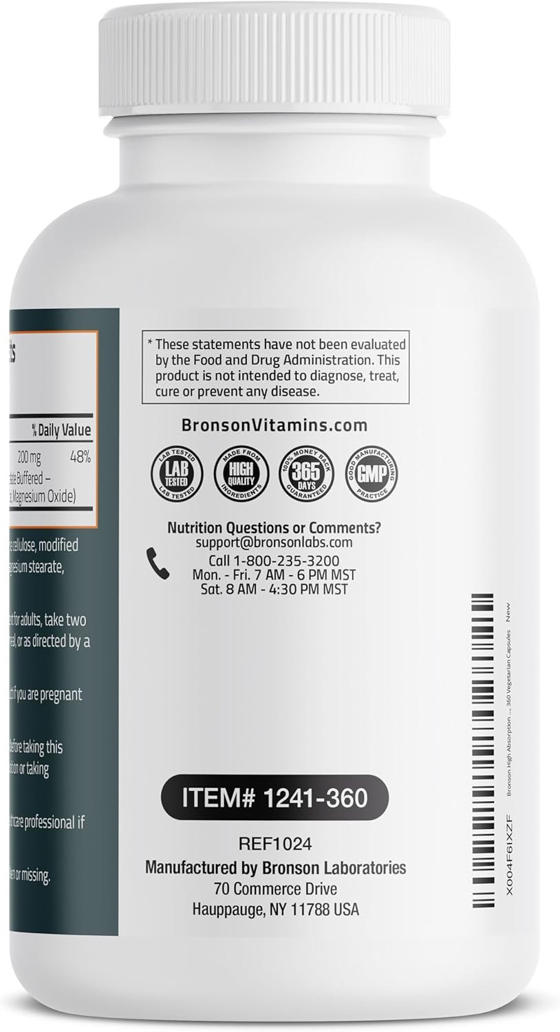 Bronson Magnesium Glycinate 200Mg High Absorption Chelated Buffered Gentle On The Stomach Non-Gmo, 360 Vegetarian Capsules