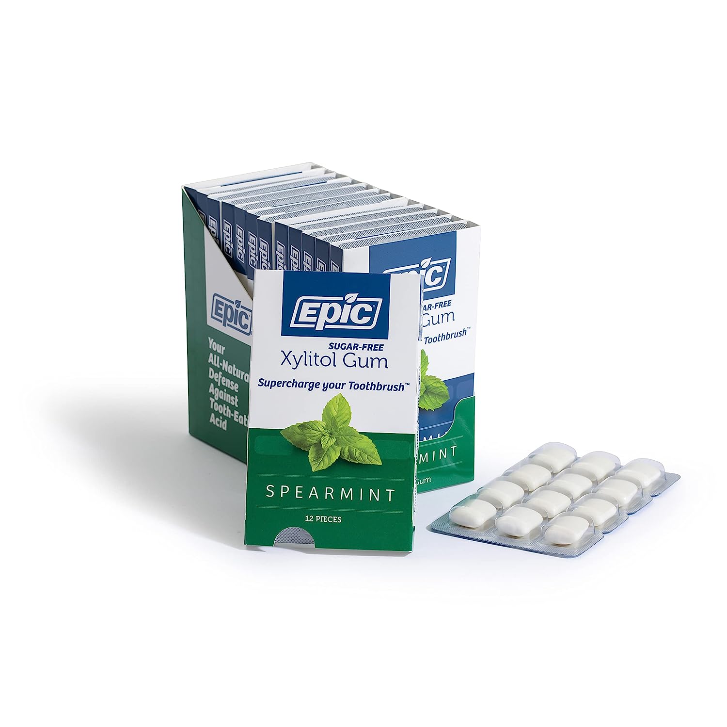 Epic Xylitol Chewing Gum - Sugar Free & Aspartame Free Chewing Gum Sweetened w/Xylitol for Dry Mouth & Gum Health (Spearmint, 12-Piece Pack, 12 Packs)
