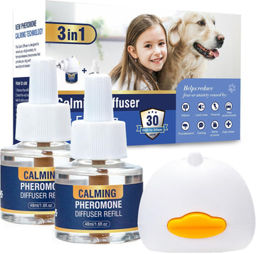 Dog Pheromones Calming Diffuser 3 In 1 Pheromone Appeasing Pet Diffuser To Calm Kit (Plug In+ 2 Pack 48Ml Refill) For Anxiety Relief Reduce Aggression Fighting Barking Stress 60 Day Supply(Tasteless)