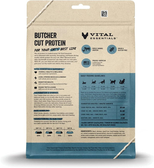 Vital Essentials Freeze Dried Raw Cat Food, Beef & Chicken Mini Nibs Entree, 12 Oz