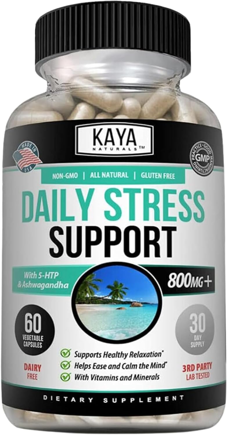 Kaya Naturals - Natural Herbal Stress Support Vitamin Supplement to Relax and Calm The Mind - Boost Mood - Happy Pills - Stress Relief Support - Vitamin Supplement - 60 Capsules