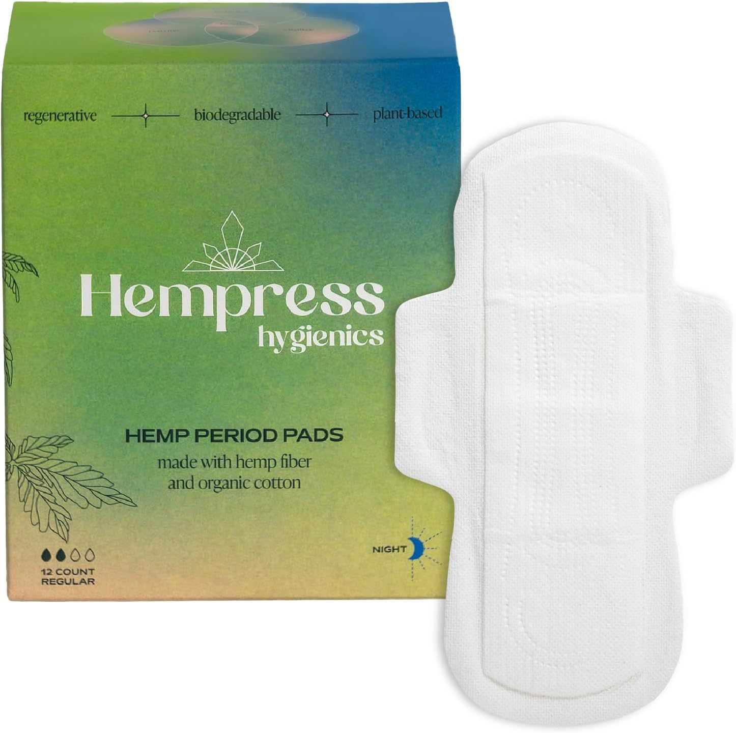 Hempress Overnight Pads for Women, 12 Count, Feminine Care Organic Pads, Extra Heavy Ultra Absorbent Cotton Maxi Pads with Wings, Menstrual Sanitary Napkins, Fragrance Free, Skin Friendly & Breathable