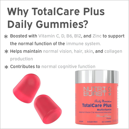 Nutriburst Totalcareplus Multipack - Multivitamin With Vitamin C, D, B12 + Zinc - Immune System Support - Berry Flavour - 3 X 60 Gummies / 3 Month Supply - Suitable For Vegans