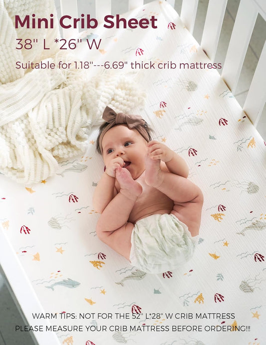 Momcozy Muslin Fitted Mini Crib Sheets, 38''X26'', 2 Pack Soft Breathable Natural Cotton Baby Mattress Sheet, 360° Mattress Wrapping No Slip Boys Girls Neutral Toddler Bed Sheet, Sea World Fantasy