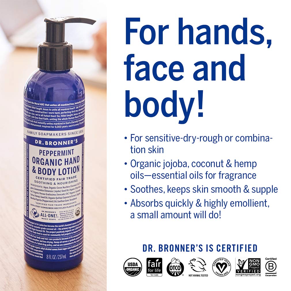Dr. Bronner's - Organic Lotion (Peppermint, 8 Ounce) - Body Lotion and Moisturizer, Certified Organic, Soothing for Hands, Face and Body, Highly Emollient, Nourishes & Hydrates, Vegan, Non-GMO : Bath Soaps : Beauty & Personal Care