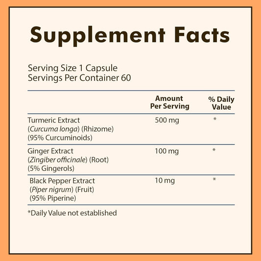 American Standard Supplements Turmeric Extract - Curcumin 95% With Ginger Root Extract & Black Pepper Extract– 60 Vegan Capsules, 60 Servings