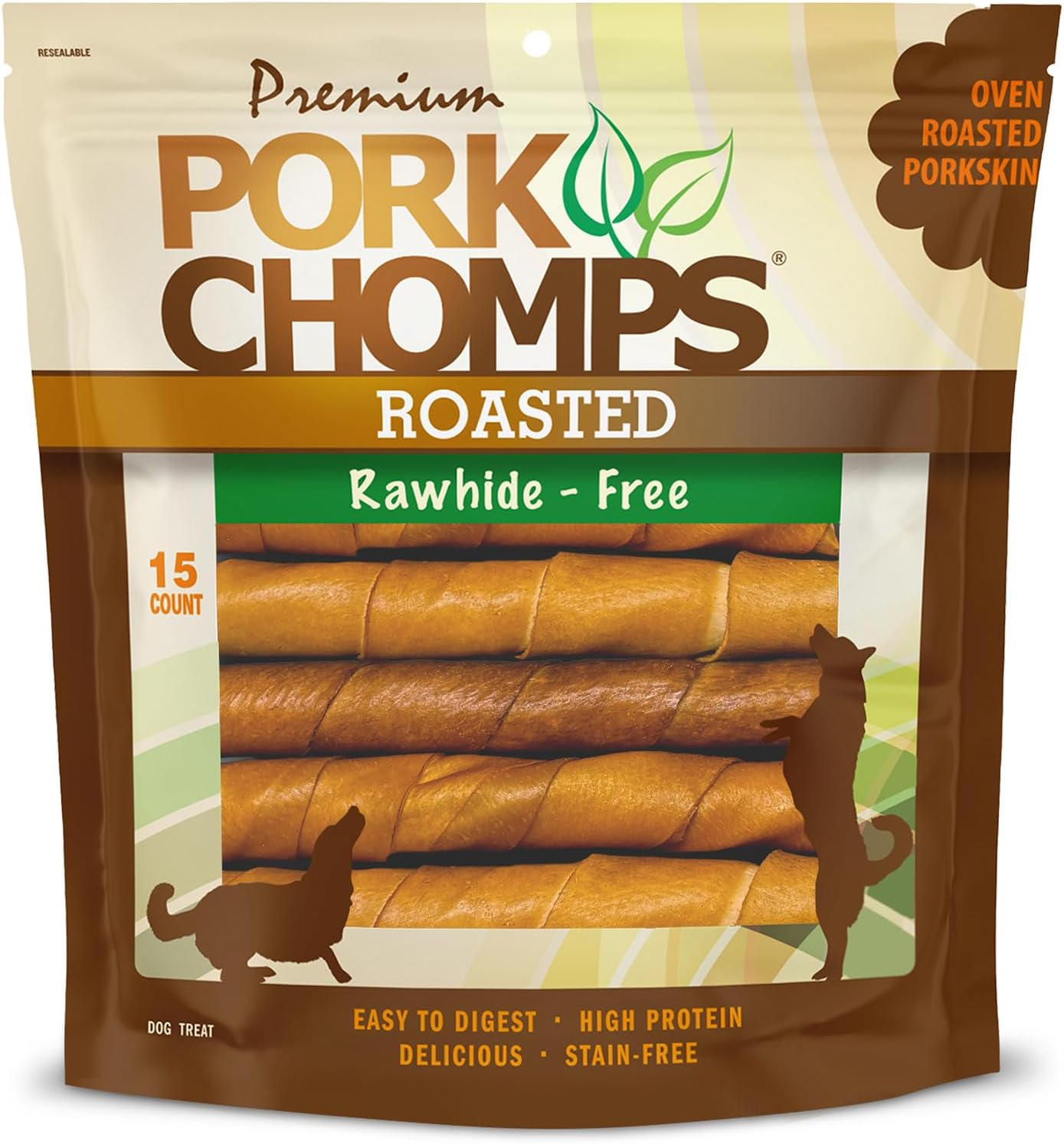 Pork Chomps Roasted Pork Skin Dog Chews, 6-Inch Twists, 15 Count