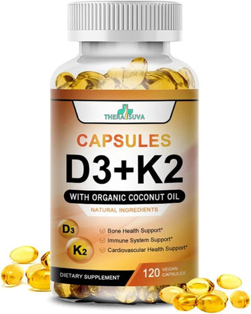 High Potency Vitamin D3-5000Iu + K2, 100% Vegan Sourced W/Organic Coconut Oil, Gluten Free, Gmo-Free, For Bone And Heart Health, 120 Softgels 60-Day Supply