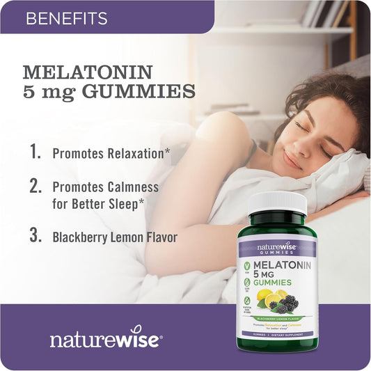 Naturewise Melatonin Gummies 5Mg - Sleep Aid & Relaxation With Ashwagandha, Valerian Root, Lemon Balm - Blackberry-Lemon Flavor - Vegan, Gluten Free, Non-Gmo - 60 Count[1-Month Supply]