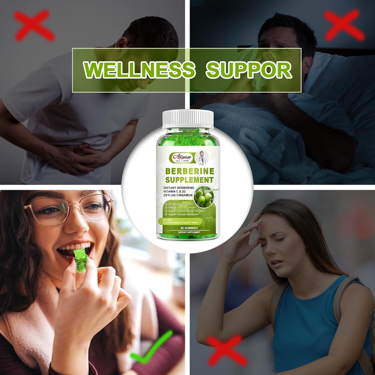 Alliwise Sugar-Free Berberine Supplement Gummies, Original Berberine Hcl 1500Mg With Ceylon Cinnamon, Quercetin, Multivitamin, Support Immune & Gastrointestinal Function & Metabolism For Women & Men