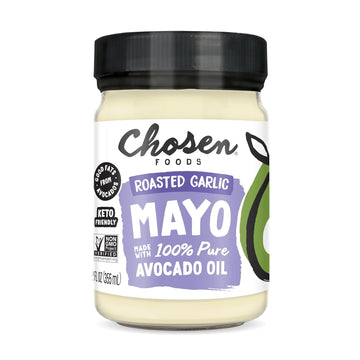 Chosen Foods 100% Avocado Oil-Based Roasted Garlic Mayonnaise, Gluten & Dairy Free, Low-Carb, Keto & Paleo Diet Friendly, Mayo For Sandwiches, Dressings And Sauces, Made With Cage Free Eggs (12 Floz)