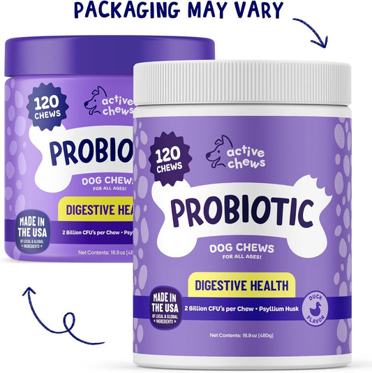 | Pet Probiotics for Dogs | Dog Probiotics and Digestive Enzymes for Dogs Diarrhea, Gut Health for Dogs | Probiotic Chews for Dogs w/Fiber, Puppy probiotic Digestive Health, 120 ct