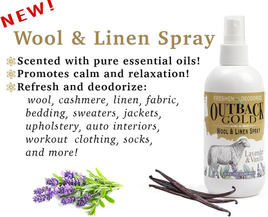 Outback Gold Wool, Linen, Fabric Refresher and Deodorizer Spray, Scented with Natural Lavender and Vanilla Essential Oils