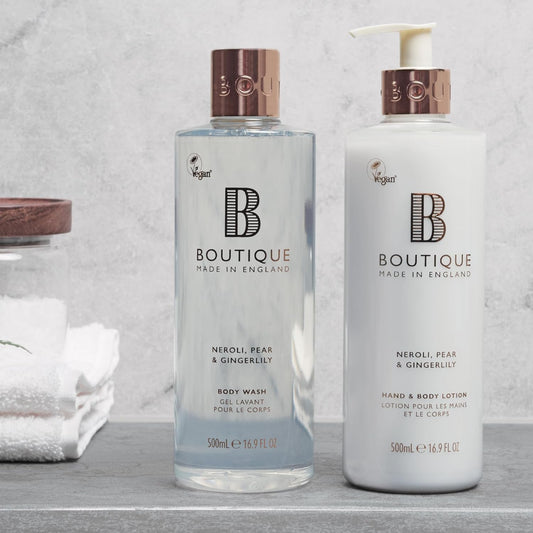 Boutique Neroli, Pear & Gingerlily Body Duo Set - 1 X Body Wash & 1 X Hand & Body Lotion 500Ml - Essential Oils - Vegan - Made In England