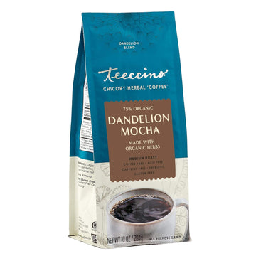 Teeccino Dandelion Mocha Herbal Coffee - Caffeine-Free Coffee Alternative With Prebiotics, Gluten Free, Acid Free - Medium Roast, 10 Oz