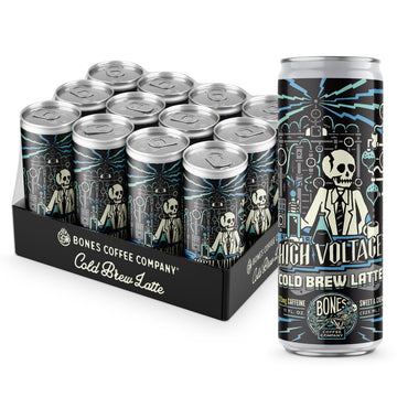 Bones Coffee Company High Voltage Flavored Coffee | Ready To Drink 100% Cold Brew Coffee Can | Cold Brew Latte Sweet and Creamy in Cans | 11 Fl Oz Can (12 Pack)