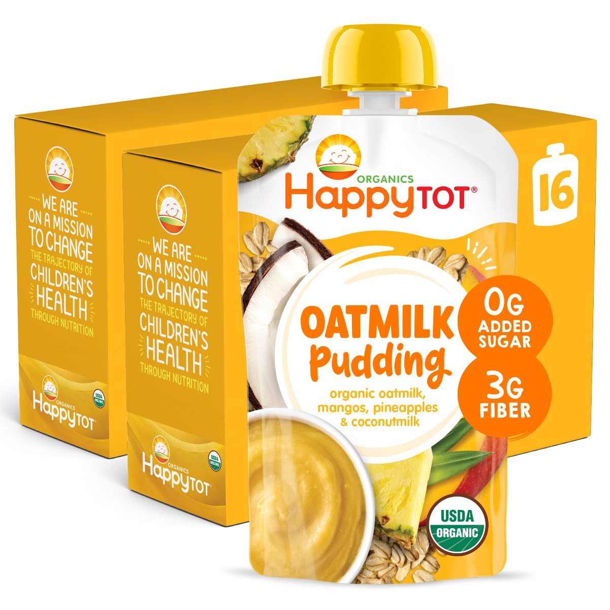 Happy Tot Organics Oatmilk Pudding, Dairy-Free, Stage 4 Toddler Snack, Oatmilk, Mangos, Pineapples & Coconutmilk, 4 Ounce Pouch, Pack of 16