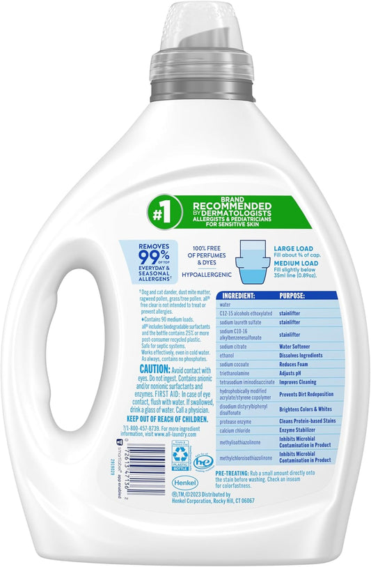 All Laundry Detergent Liquid, Free Clear For Sensitive Skin, Odor Relief, Unscented And Hypoallergenic, 2X Concentrated, 90 Loads