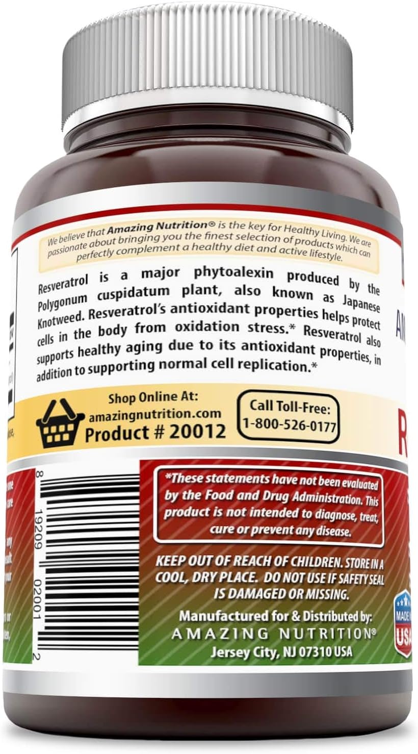 Amazing Formulas Resveratrol 250mg 60 Veggie Capsules Supplement | Non-GMO | Gluten Free | Made in USA | Ideal for Vegetarians