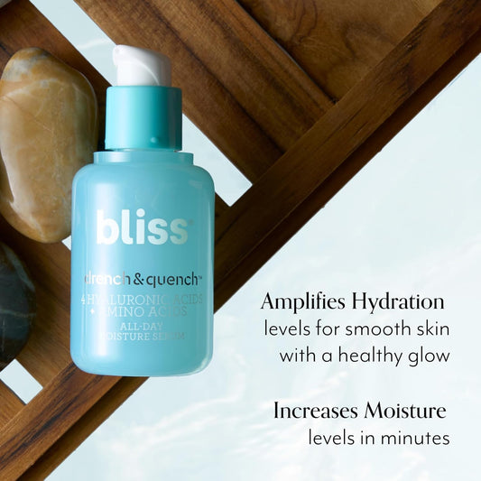 Bliss Hyaluronic Acid Drench & Quench Facial Serum – Hydrating Serum For Dry, Sensitive Skin - Lightweight Gel Formula For Deep Hydration & Plump Skin - Clean, Cruelty-Free - 1 Fl Oz