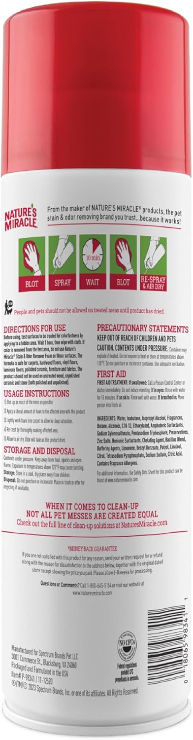 Nature'S Miracle Advanced Stain And Odor Eliminator Foam Cat 17.5 Ounces, For Severe Cat Messes, Aerosol