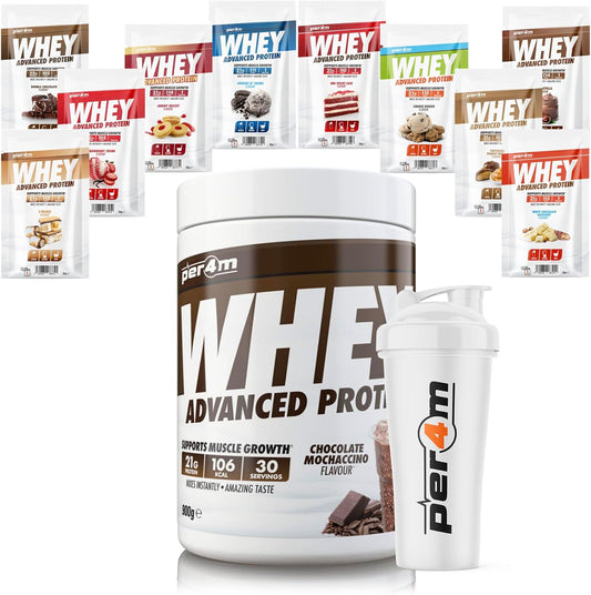 Per4M Advanced Whey Protein Powder | 30 Serving Low Sugar Protein Shake With Amino Acids | Perfect For Your Gym Bag And Travel | Shaker & 5 Mixed Selection Sachets (900G, Cookie Dough)