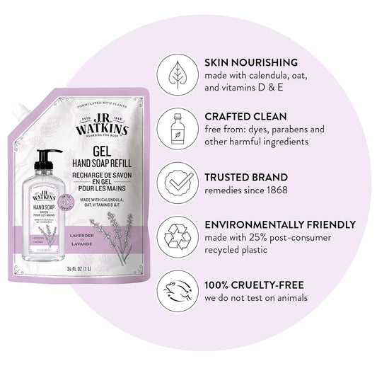 J.R. Watkins Gel Hand Soap Refill, Moisturizing Hand Wash, All Natural, Alcohol-Free, Cruelty-Free, Usa Made, Lavender, 34 Fl Oz (Pack Of 3)