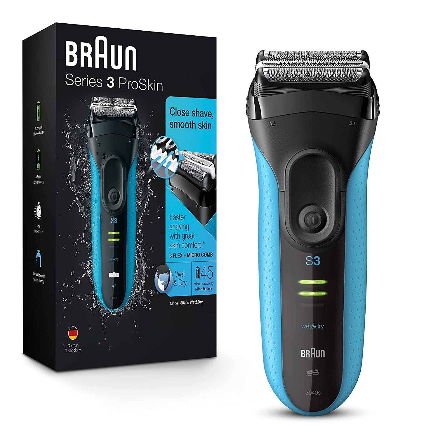 Braun Electric Series 3 Razor With Precision Trimmer, Rechargeable, Wet & Dry Foil Shaver For Men, Blue/Black, 4 Piece