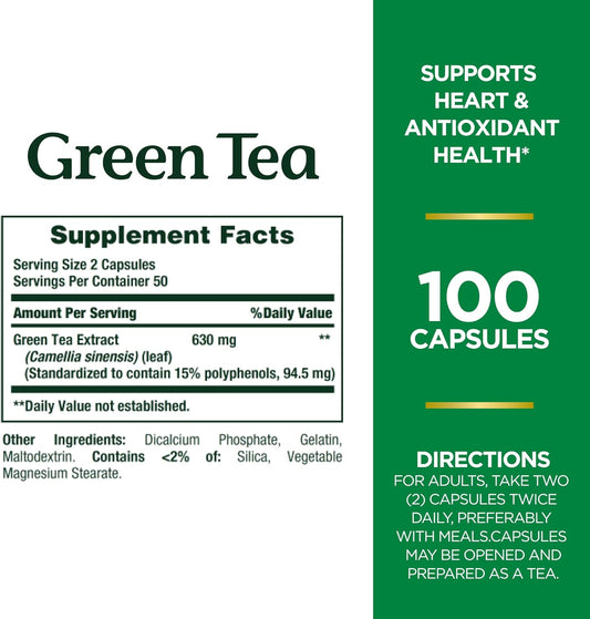 Nature'S Bounty Green Tea Pills And Herbal Health Supplement, Supports Heart And Antioxidant Health, 315Mg, 100 Capsules