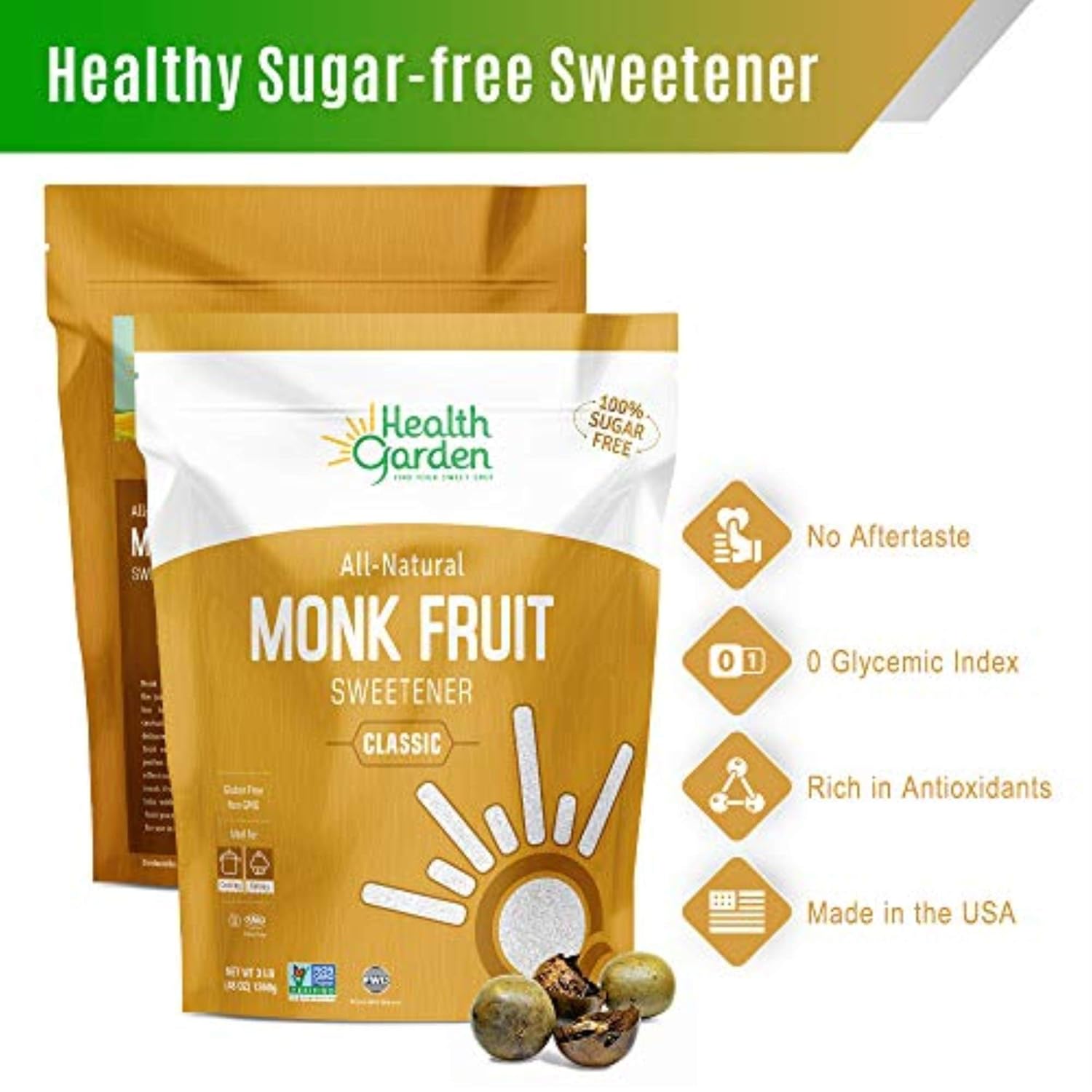 Health Garden Monk Fruit Sweetener, Classic - Non GMO - Gluten Free - Sugar Substitute - Kosher - Keto Friendly (3 lbs) : Grocery & Gourmet Food