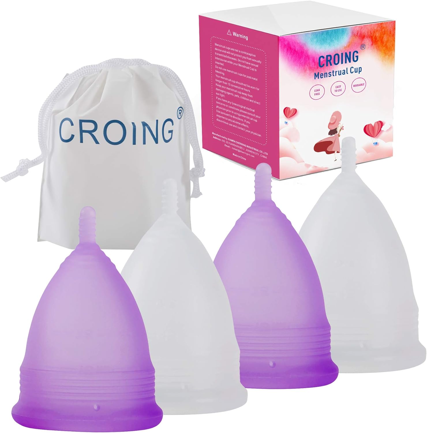 ?????????????????? ???????? Reusable Menstrual Cup Set of 4, Period Cup, 2 pcs Small and 2 pcs Large (Purple and White)