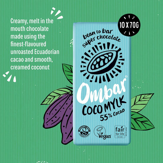 Vegan Chocolate - Ombar 72% Cacao Dark Chocolate (70G X 10 Bars) Organic, Fair Trade, Dairy Free And Gluten Free Chocolate