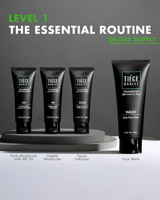 Tiege Hanley Mens Skin Care Set, Essential Skin Care Routine For Men (System Level 1) - Face Wash Kit For Fines Lines & Wrinkles - Men'S Skincare Set Includes Face Wash, Facial Scrub, & Moisturizer