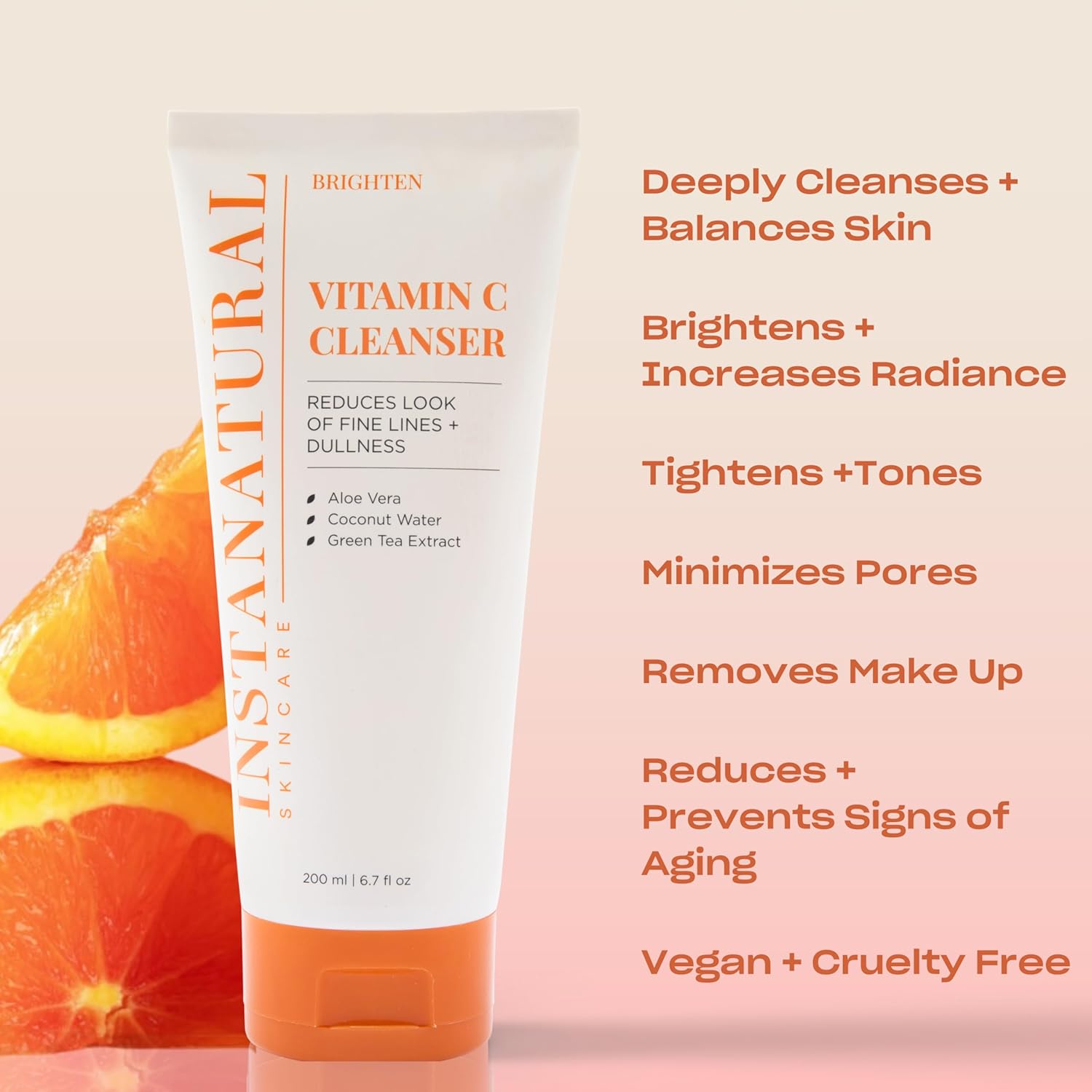Instanatural Vitamin C Cleanser | All Natural Face Wash, Brightens Skin, Good For Uneven Texture, Usa Made With Coconut Water And Aloe Vera, 6.7 Fl Oz : Health & Household