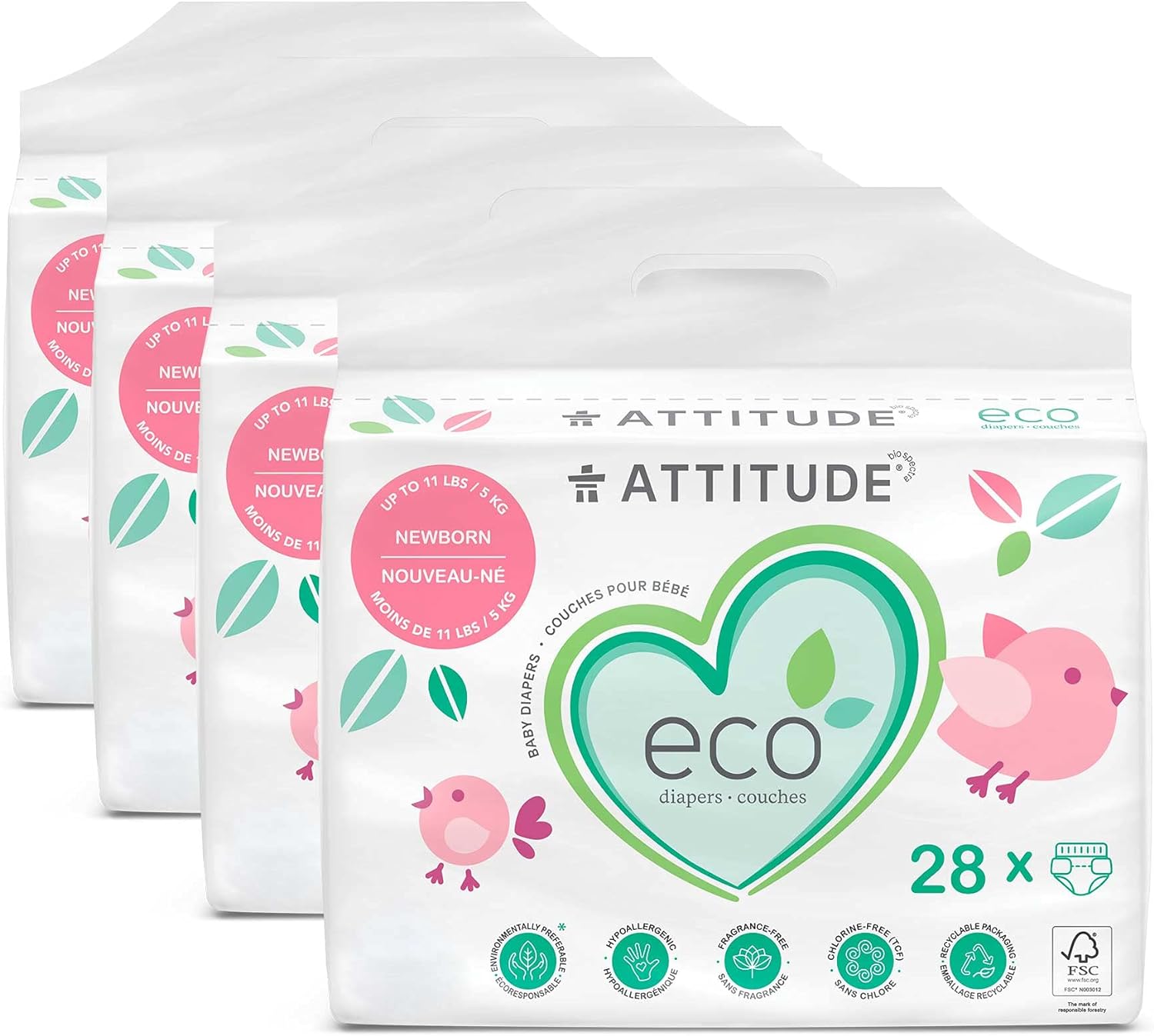 ATTITUDE Non-Toxic Diapers, Eco-Friendly, Safe for Sensitive Skin, Chlorine-Free, Leak-Free & Biodegradable Baby Diapers, Plain White, Newborn (Up to 11 lbs), 112 Count (4 Packs of 28)