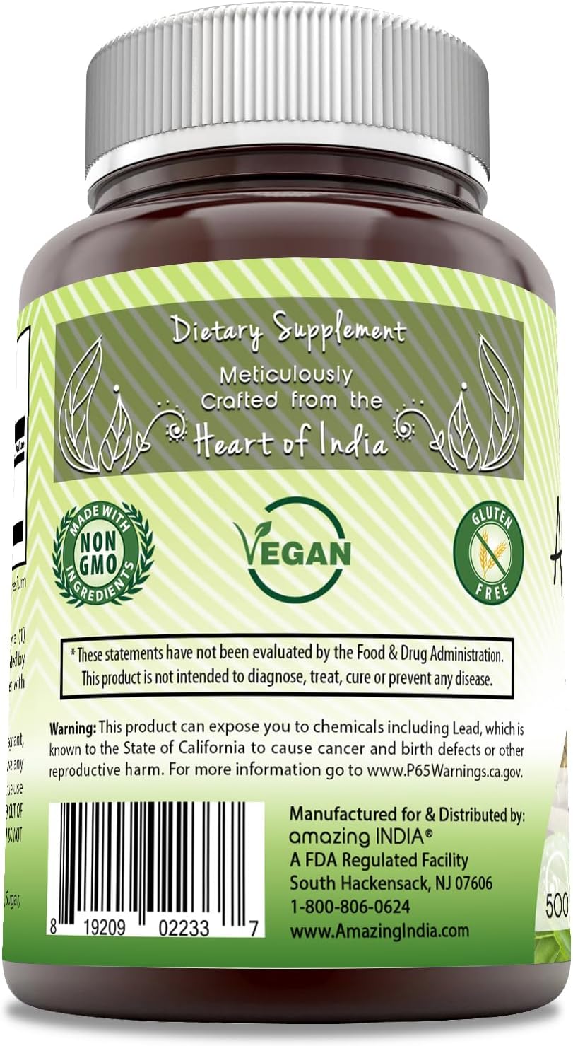 Amazing India Natural Ashwagandha | 500 Mg Per Serving | Veggie Capsules | Non-Gmo | Gluten Free | Made In Usa (250) : Health & Household