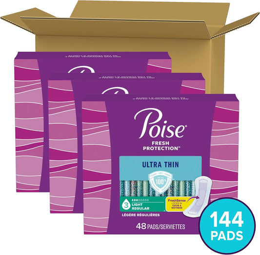 Poise Ultra Thin Incontinence Pads & Postpartum Incontinence Pads, 3 Drop Light Absorbency, Regular Length, 144 Count (3 Packs Of 48), Packaging May Vary