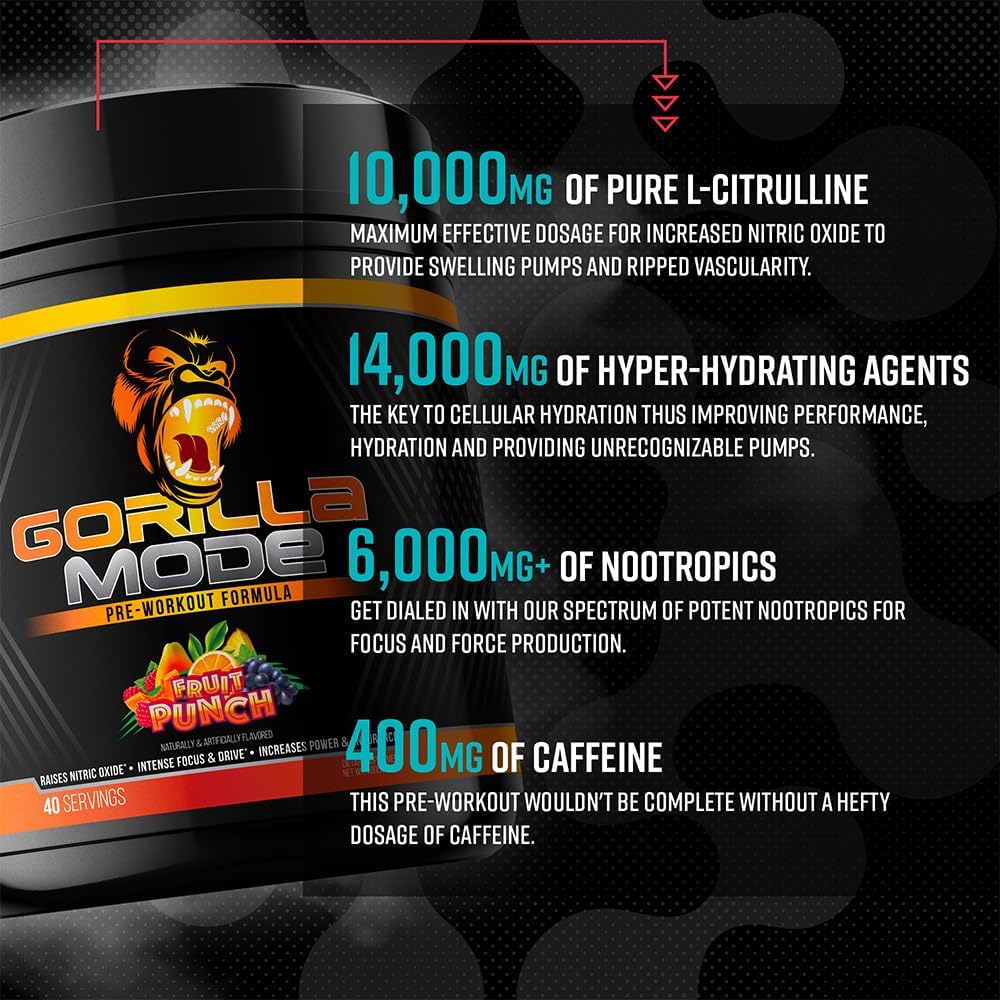 Gorilla Mode Pre Workout - Massive Pumps · Laser Focus · Energy · Power - L-Citrulline, Creatine, L-Tyrosine, Betaine, Hydroprime®, Alpha-GPC, 400mg Caffeine, Huperzine A – 800g (BlackBerry Lemonade) : Health & Household