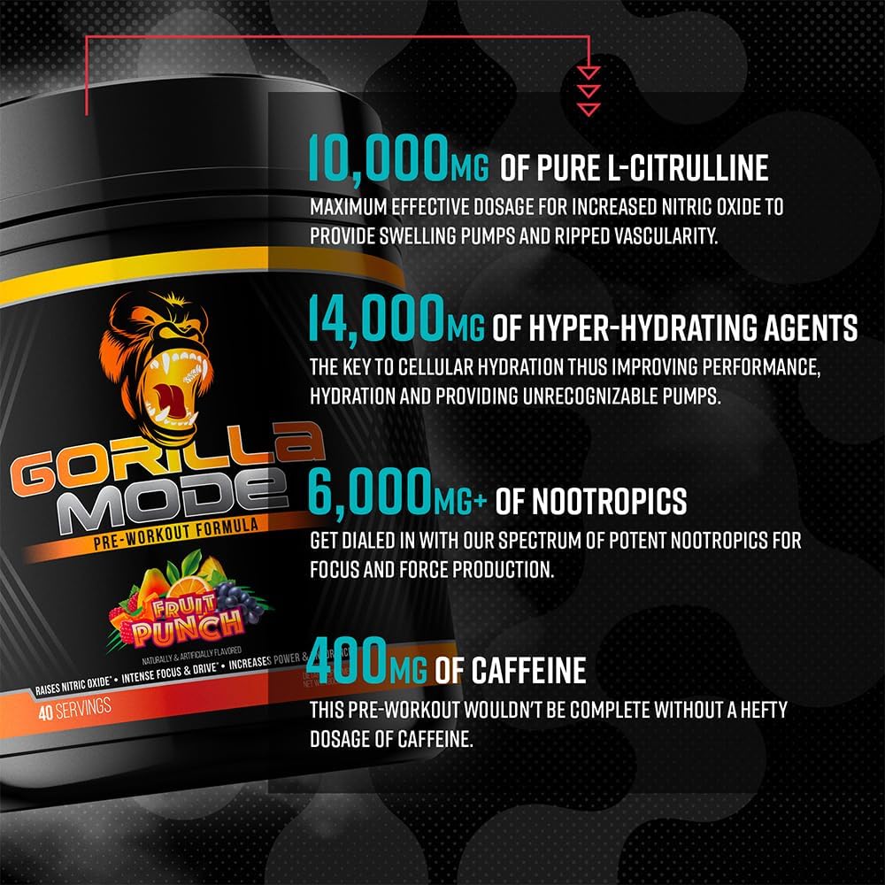 Gorilla Mind Pre Workout - Massive Pumps Laser Focus Energy Power - L-Citrulline, Creatine, L-Tyrosine, Betaine, Hydroprime, Alpha-Gpc, 400Mg Caffeine, Huperzine A - 796G (Orange Rush) : Health & Household