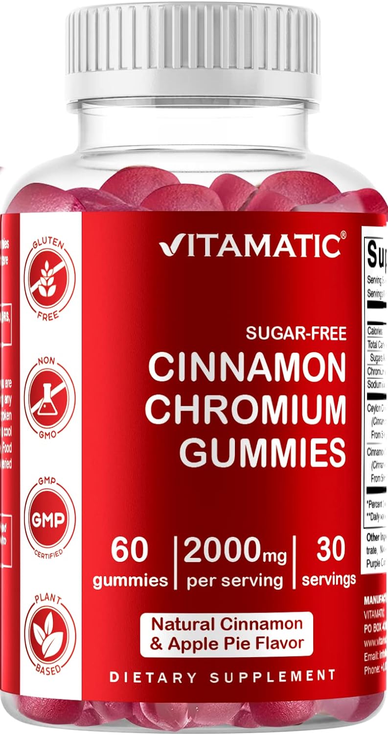 2 Pack - Vitamatic Sugar Free Chromium Gummies with Ceylon Cinnamon - 2000 mg per Serving - Non-GMO - Gluten Free - 60 Vegan Gummies : Health & Household