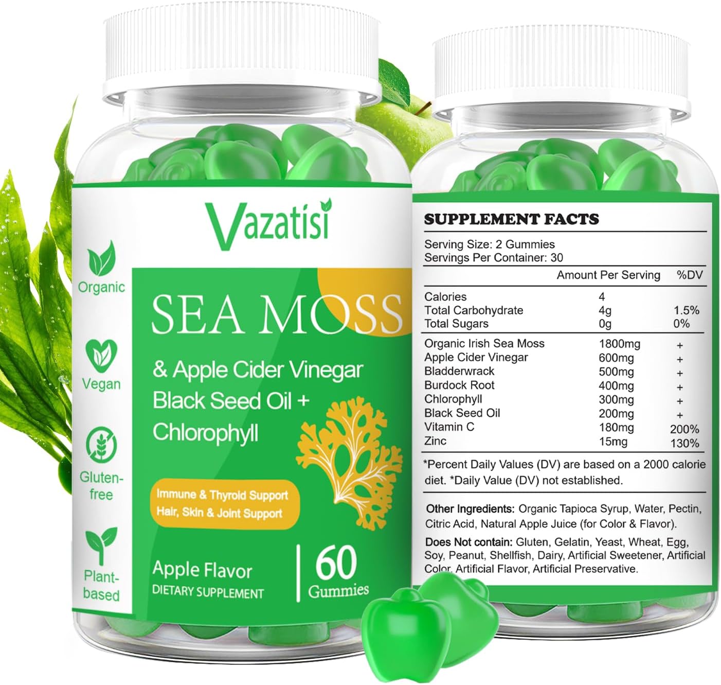 2 Pack Organic Irish Sea Moss Gummies With Black Seed Oil, Chlorophyll - Thyroid, Digestion, Mood, Energy & Immune Support - Women & Men, Adult & Kid - 120 Vegan Gummies