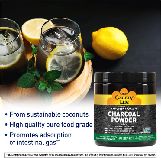 Country Life Activated Coconut Charcoal Powder 500Mg – Natural Activated Charcoal For Digestive Health, Gas & Bloating Relief, Diy Uses - Non-Gmo, Gluten-Free, Vegan, 5Oz Powder