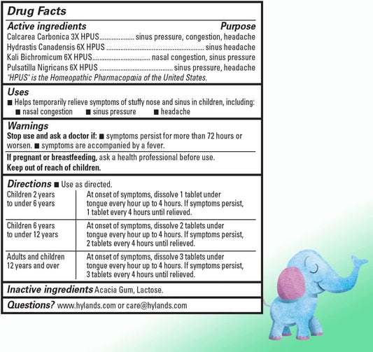 Hyland'S Kids Stuffy Nose And Sinus Tablets, Cold Medicine For Children Ages 2 And Up, Headache Relief And Nasal Decongestant, Quick Dissolving Tablets, 50 Count