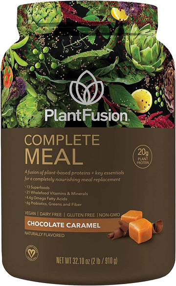 PlantFusion Complete Meal Replacement Shake - Plant Based Protein Powder with Superfoods, Greens & Probiotics - Vegan, Gluten Free, Soy Free, Non-Dairy, No Sugar, Non-GMO - Chocolate Caramel 2 lb