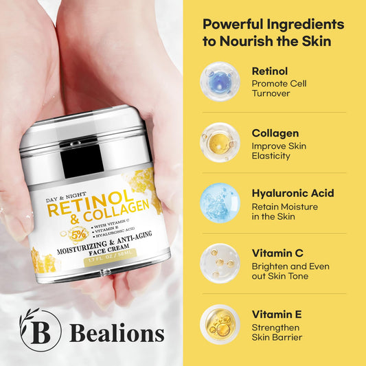 Retinol Cream for Face Anti Aging: Facial Moisturizer with Collagen - Night Cream for All Skin Types - Wrinkle Cream with Hyaluronic Acid and Vitamin C+E