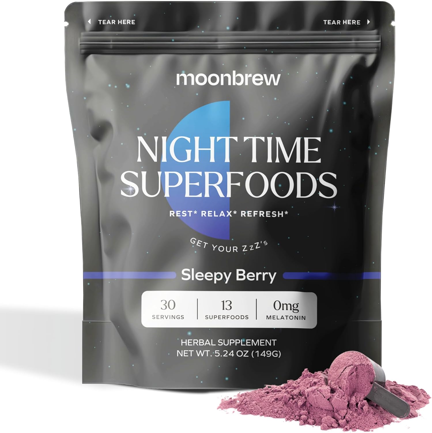 Moonbrew Magnesium Sleepy Berry: Natural Melatonin-Free Sleep Aid | 14 Superfoods With Magnesium Glycinate & Adaptogens | Keto & Vegan | Enjoy Hot Or Cold - 30 Servings