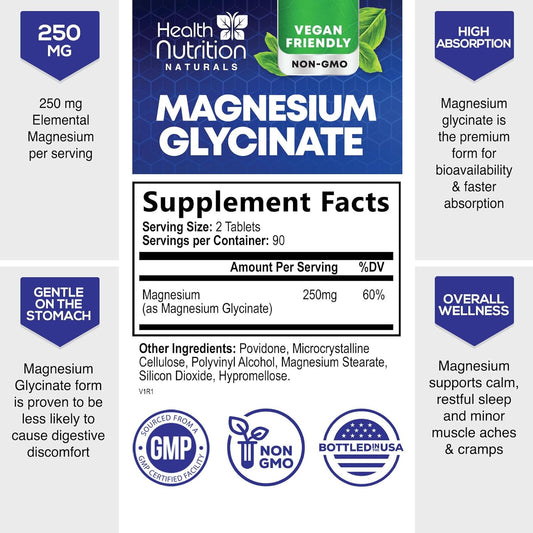 Magnesium Glycinate 250 mg - Natural, High Absorption Magnesium Tablets Chelated for Muscle, Nerve, Bone & Heart Health Support - Gentle Form, Non-GMO, Gluten Free, Vegan Supplement - 180 Tablets